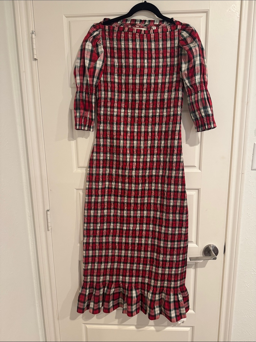 Doen Red Plaid Smocked Midi Dress